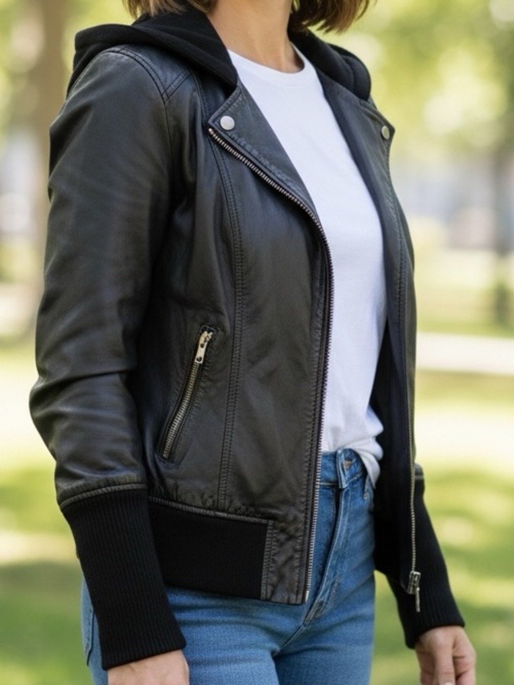 Unique MACKAGE Bluish/Gray Leather Moto Jacket with Knit Hood. Video